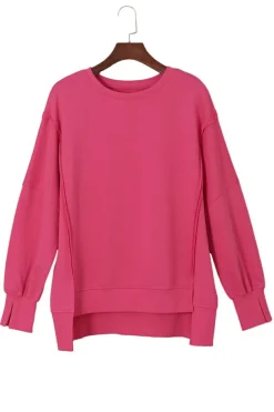 Sale Dear-Lover Exposed Seam Drop Shoulder Slit High Low Hem Sweatshirt Rose
