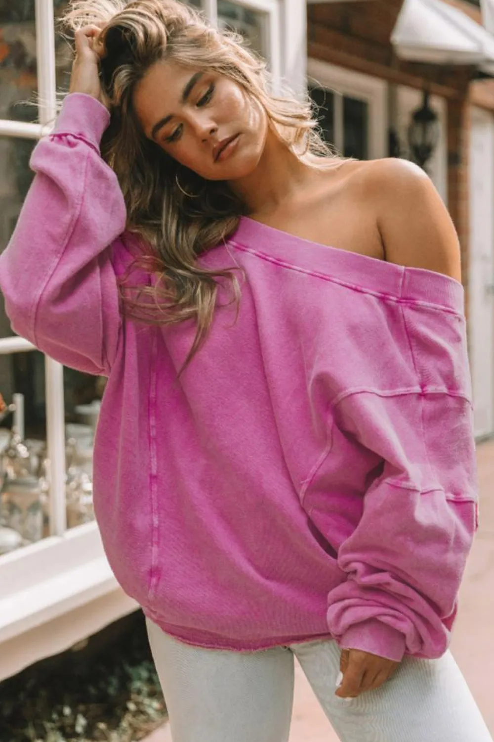 Best Dear-Lover Exposed Seam Twist Open Back Oversized Sweatshirt Rose