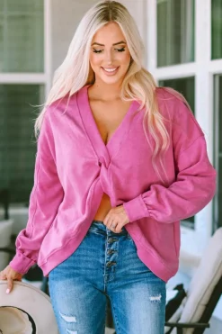 Best Dear-Lover Exposed Seam Twist Open Back Oversized Sweatshirt Rose