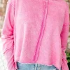 Fashion Dear-Lover Exposed Seamed High Low Raw Edge Sweatshirt Rose