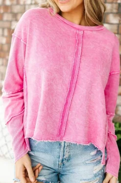 Fashion Dear-Lover Exposed Seamed High Low Raw Edge Sweatshirt Rose
