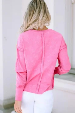 Fashion Dear-Lover Exposed Seamed High Low Raw Edge Sweatshirt Rose