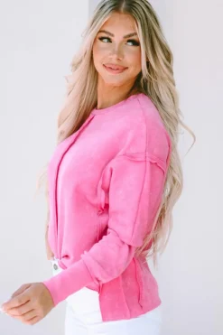 Fashion Dear-Lover Exposed Seamed High Low Raw Edge Sweatshirt Rose