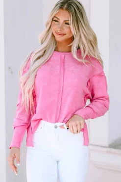 Fashion Dear-Lover Exposed Seamed High Low Raw Edge Sweatshirt Rose