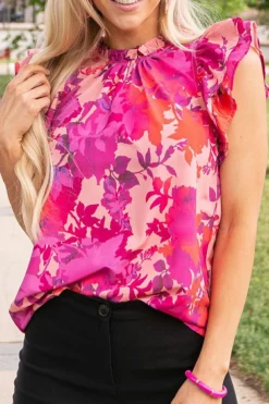 Outlet Dear-Lover Floral Flutter Sleeves Frilled Neck Blouse Rose