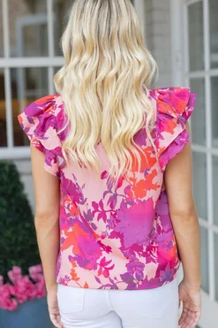 Outlet Dear-Lover Floral Flutter Sleeves Frilled Neck Blouse Rose
