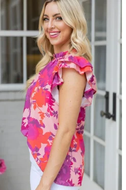 Outlet Dear-Lover Floral Flutter Sleeves Frilled Neck Blouse Rose