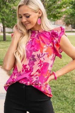 Outlet Dear-Lover Floral Flutter Sleeves Frilled Neck Blouse Rose