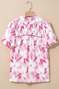 Fashion Dear-Lover Floral Frilled Collar Short Sleeve Blouse Top Rose