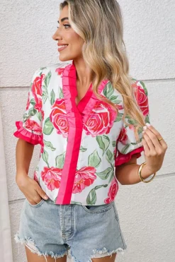 New Dear-Lover Floral Frilled V Neck Short Sleeve Blouse Top Rose