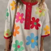 Best Dear-Lover Floral Grommet Accent Contrast Trim Drop Shoulder T-shirt Rose