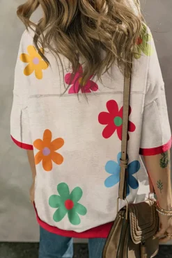 Best Dear-Lover Floral Grommet Accent Contrast Trim Drop Shoulder T-shirt Rose