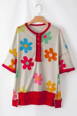 Best Dear-Lover Floral Grommet Accent Contrast Trim Drop Shoulder T-shirt Rose