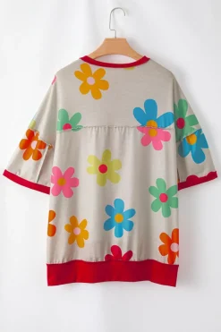 Best Dear-Lover Floral Grommet Accent Contrast Trim Drop Shoulder T-shirt Rose
