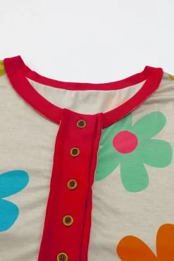 Best Dear-Lover Floral Grommet Accent Contrast Trim Drop Shoulder T-shirt Rose