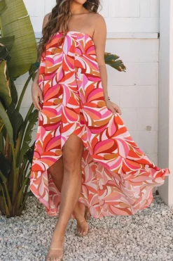 New Dear-Lover Floral High Low Bandeau Vacay Dress Rose
