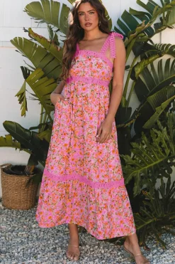 Sale Dear-Lover Floral Lace Tied Strap Empire Waist Maxi Dress Rose