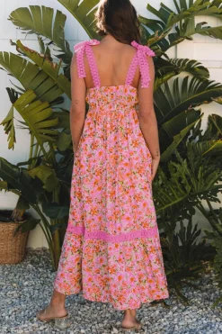 Sale Dear-Lover Floral Lace Tied Strap Empire Waist Maxi Dress Rose