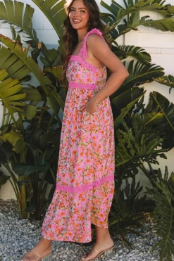 Sale Dear-Lover Floral Lace Tied Strap Empire Waist Maxi Dress Rose