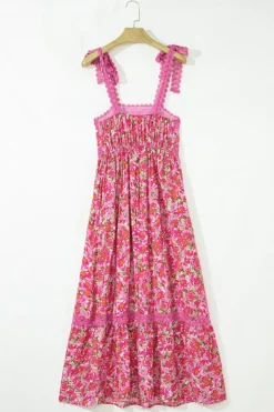 Sale Dear-Lover Floral Lace Tied Strap Empire Waist Maxi Dress Rose
