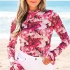 Hot Dear-Lover Floral Mesh Flounce Sleeve Mock Neck Blouse Rose