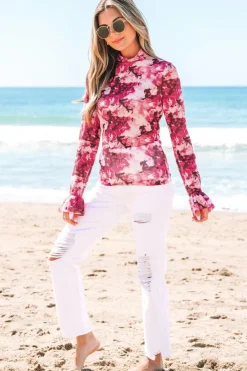 Hot Dear-Lover Floral Mesh Flounce Sleeve Mock Neck Blouse Rose