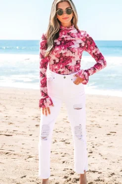 Hot Dear-Lover Floral Mesh Flounce Sleeve Mock Neck Blouse Rose