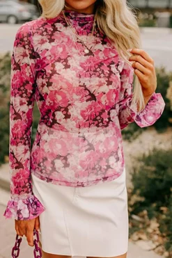 Hot Dear-Lover Floral Mesh Flounce Sleeve Mock Neck Blouse Rose