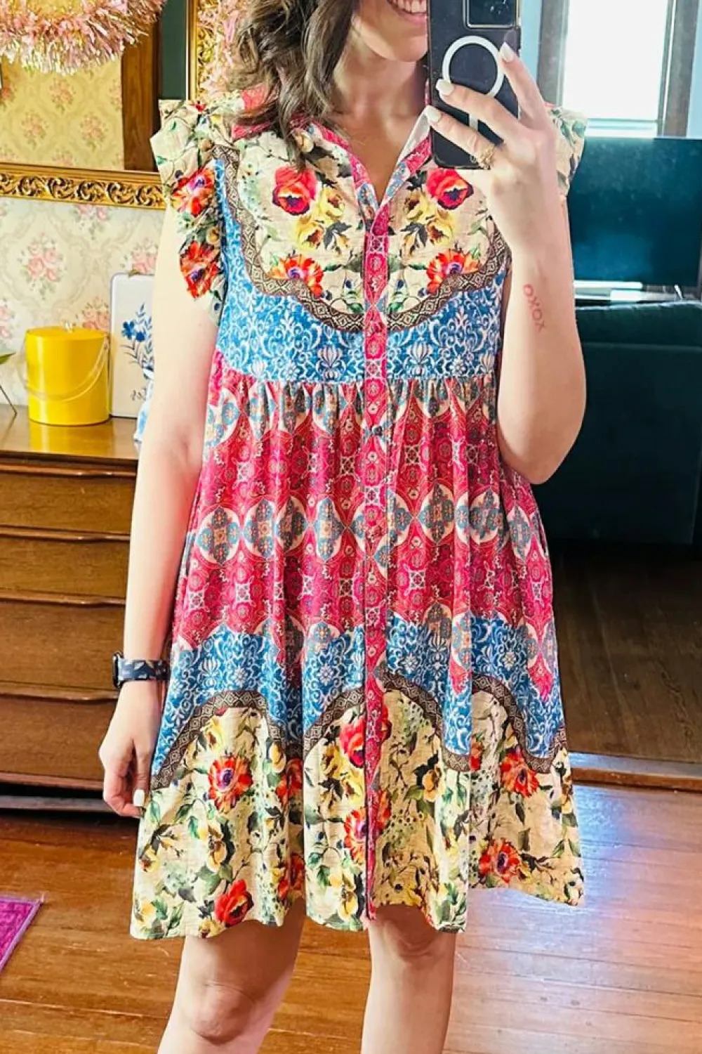 Online Dear-Lover Floral Mixed Pattern Ruffle Flutter Sleeve Buttoned Dress Rose