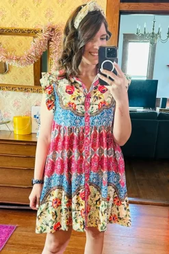 Online Dear-Lover Floral Mixed Pattern Ruffle Flutter Sleeve Buttoned Dress Rose