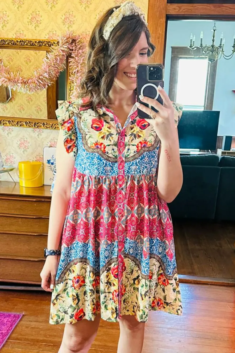 Online Dear-Lover Floral Mixed Pattern Ruffle Flutter Sleeve Buttoned Dress Rose