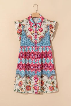 Online Dear-Lover Floral Mixed Pattern Ruffle Flutter Sleeve Buttoned Dress Rose