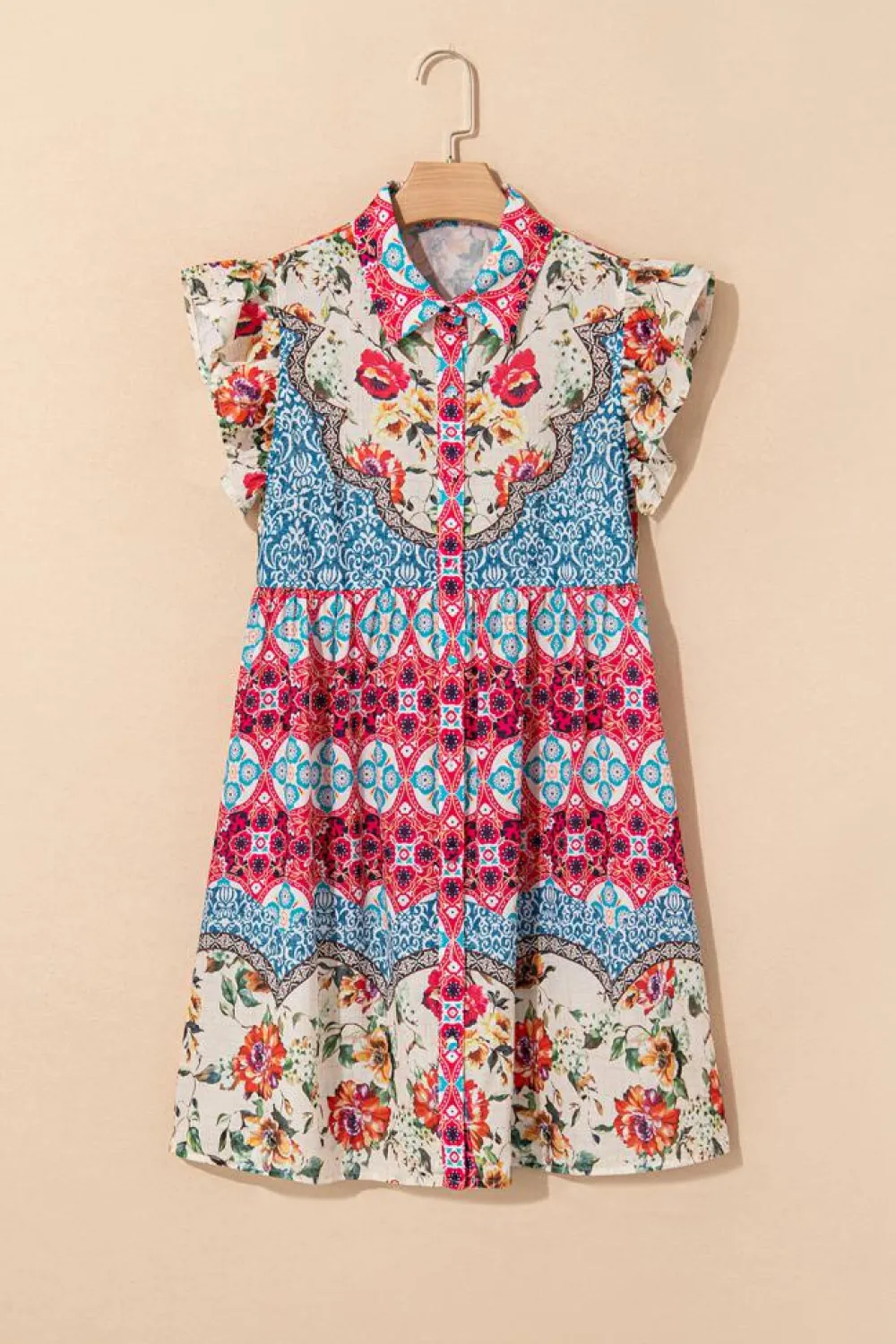 Online Dear-Lover Floral Mixed Pattern Ruffle Flutter Sleeve Buttoned Dress Rose