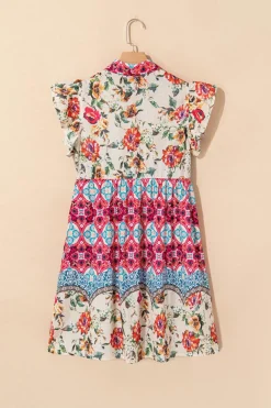 Online Dear-Lover Floral Mixed Pattern Ruffle Flutter Sleeve Buttoned Dress Rose