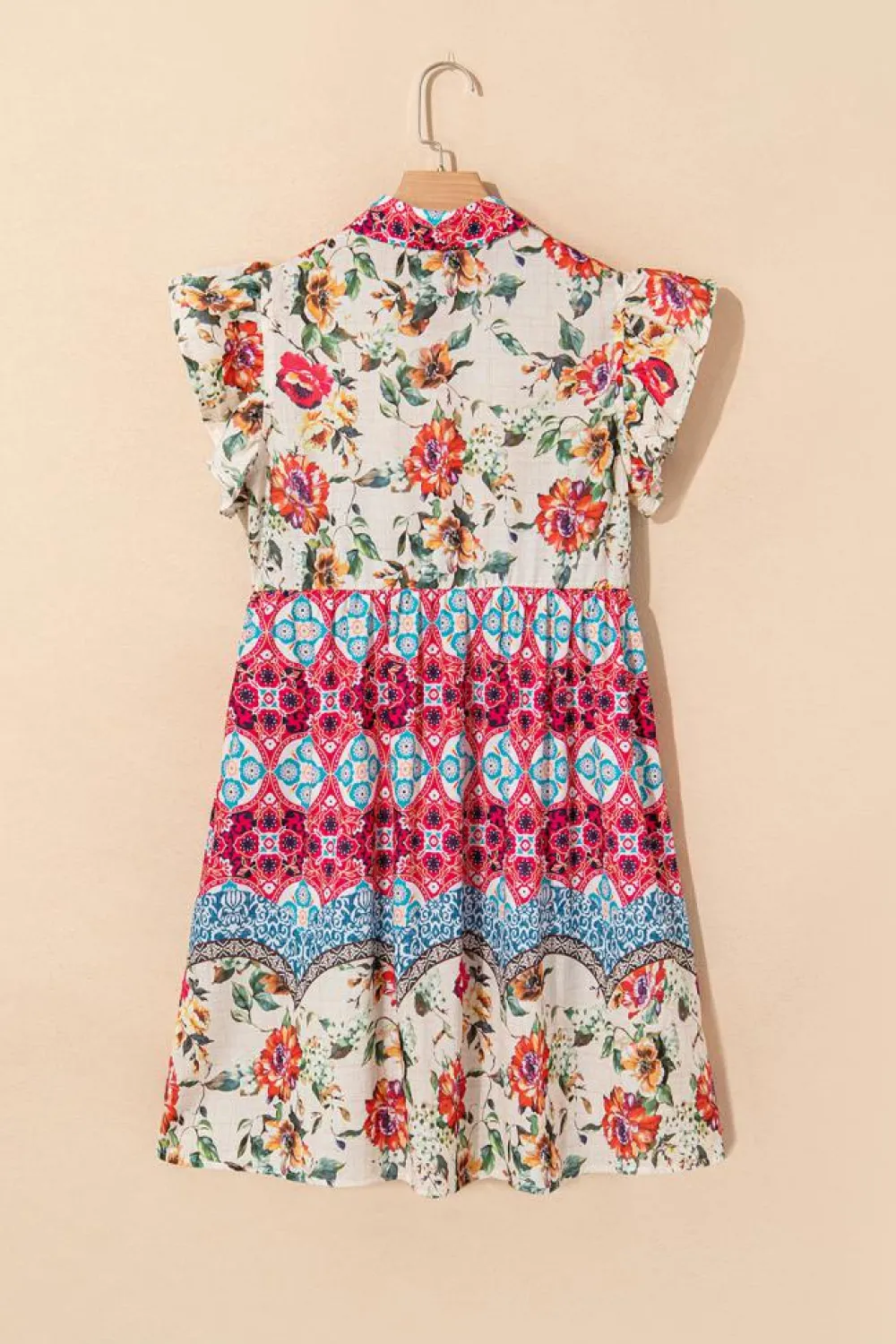 Online Dear-Lover Floral Mixed Pattern Ruffle Flutter Sleeve Buttoned Dress Rose