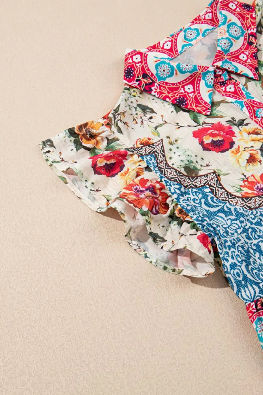 Online Dear-Lover Floral Mixed Pattern Ruffle Flutter Sleeve Buttoned Dress Rose