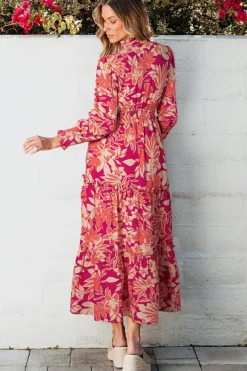 Outlet Dear-Lover Floral Print Buttoned Smocked High Waist Maxi Dress Rose