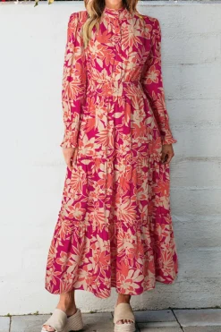 Outlet Dear-Lover Floral Print Buttoned Smocked High Waist Maxi Dress Rose