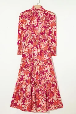 Outlet Dear-Lover Floral Print Buttoned Smocked High Waist Maxi Dress Rose
