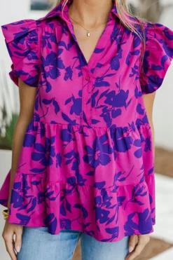 Hot Dear-Lover Floral Print Collared Button Neckline Flutter Sleeve Blouse Rose
