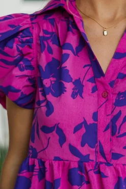 Hot Dear-Lover Floral Print Collared Button Neckline Flutter Sleeve Blouse Rose