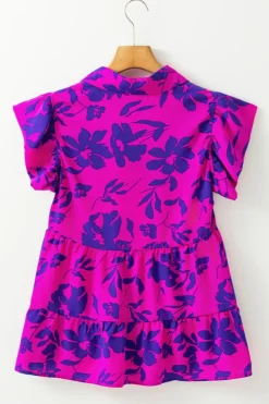 Hot Dear-Lover Floral Print Collared Button Neckline Flutter Sleeve Blouse Rose