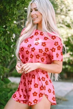 Fashion Dear-Lover Floral Print Crop Tee and Shorts Lounge Set Rose