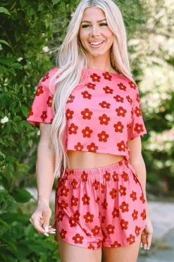 Fashion Dear-Lover Floral Print Crop Tee and Shorts Lounge Set Rose