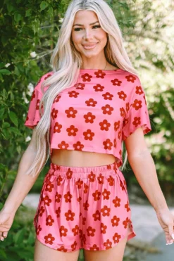 Fashion Dear-Lover Floral Print Crop Tee and Shorts Lounge Set Rose