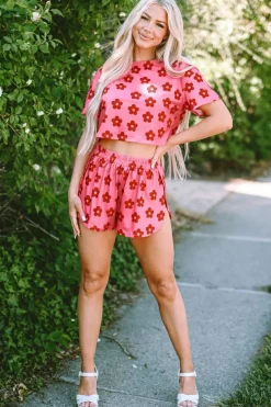 Fashion Dear-Lover Floral Print Crop Tee and Shorts Lounge Set Rose