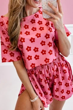 Fashion Dear-Lover Floral Print Crop Tee and Shorts Lounge Set Rose