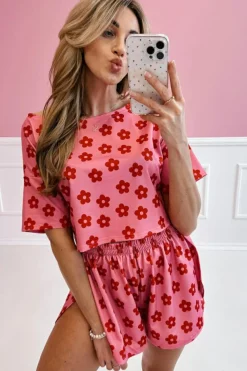 Fashion Dear-Lover Floral Print Crop Tee and Shorts Lounge Set Rose
