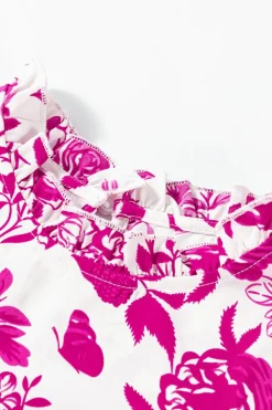 New Dear-Lover Floral Print Flounce Sleeve Keyhole Back Blouse Rose