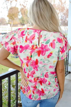 Fashion Dear-Lover Floral Print Flutter Sleeve Round Neck Casual Blouse Rose